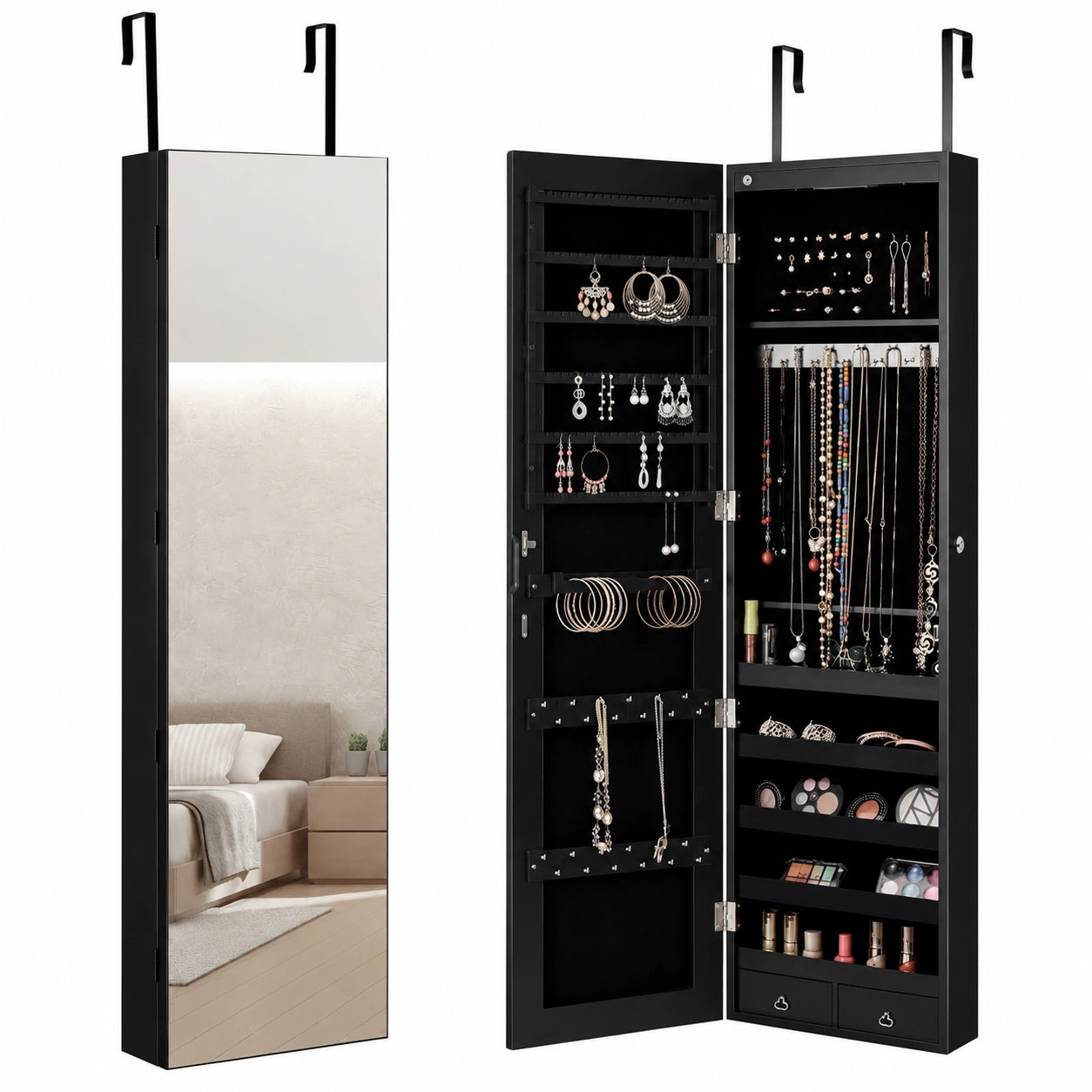 Armoire, avec rangement, avec portes, avec éclairage LED, 120 x 36 x 10 cm, coloris noir, pour la chambre