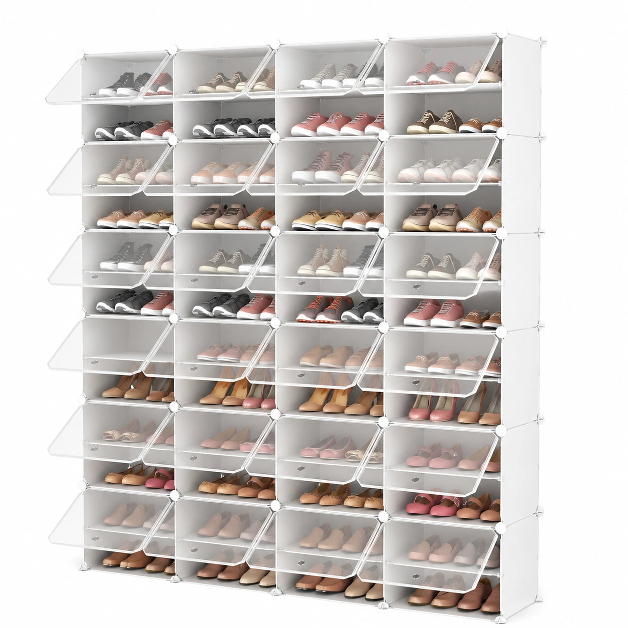 Meuble à chaussures, modulable, avec rangement, avec étagères, coloris blanc et transparent, pour l’entrée ou le couloir